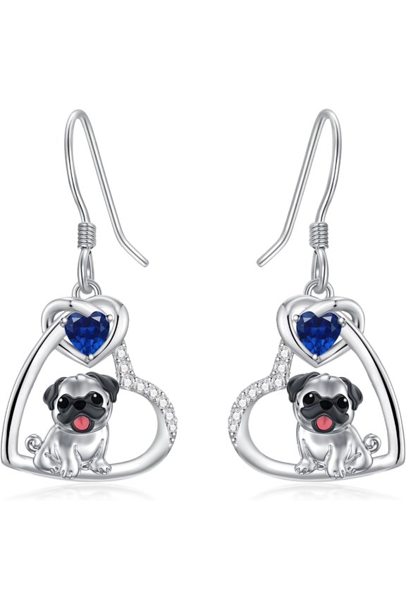 Pug Earrings with Heart Birthstone 925 Sterling Silver Dog Earrings Pug Jewelry Gifts for Women Lover