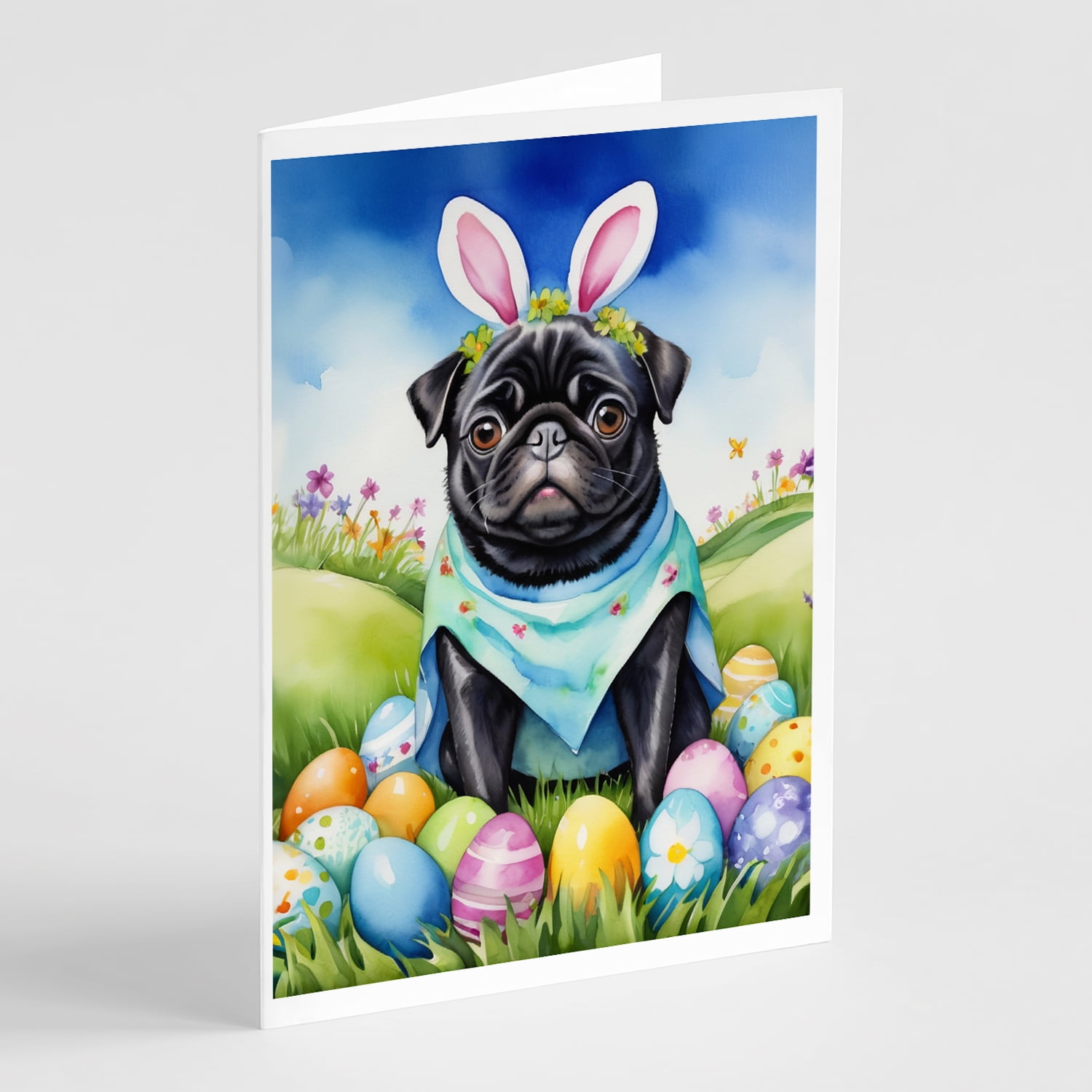 Pug Easter Egg Hunt Greeting Cards Pack of 8 7 in x 5 in