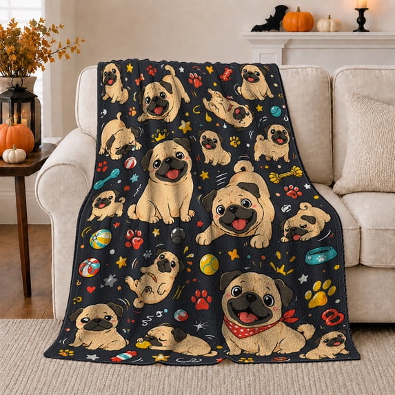 Pug Faces with Toys and Paw Prints, Energetic Graphic Style for Dog Lovers, Happy Puppy Collage and Pet Adoption Gift, Cozy Flannel Blanket for Living Room and Bedroom, Home Decor