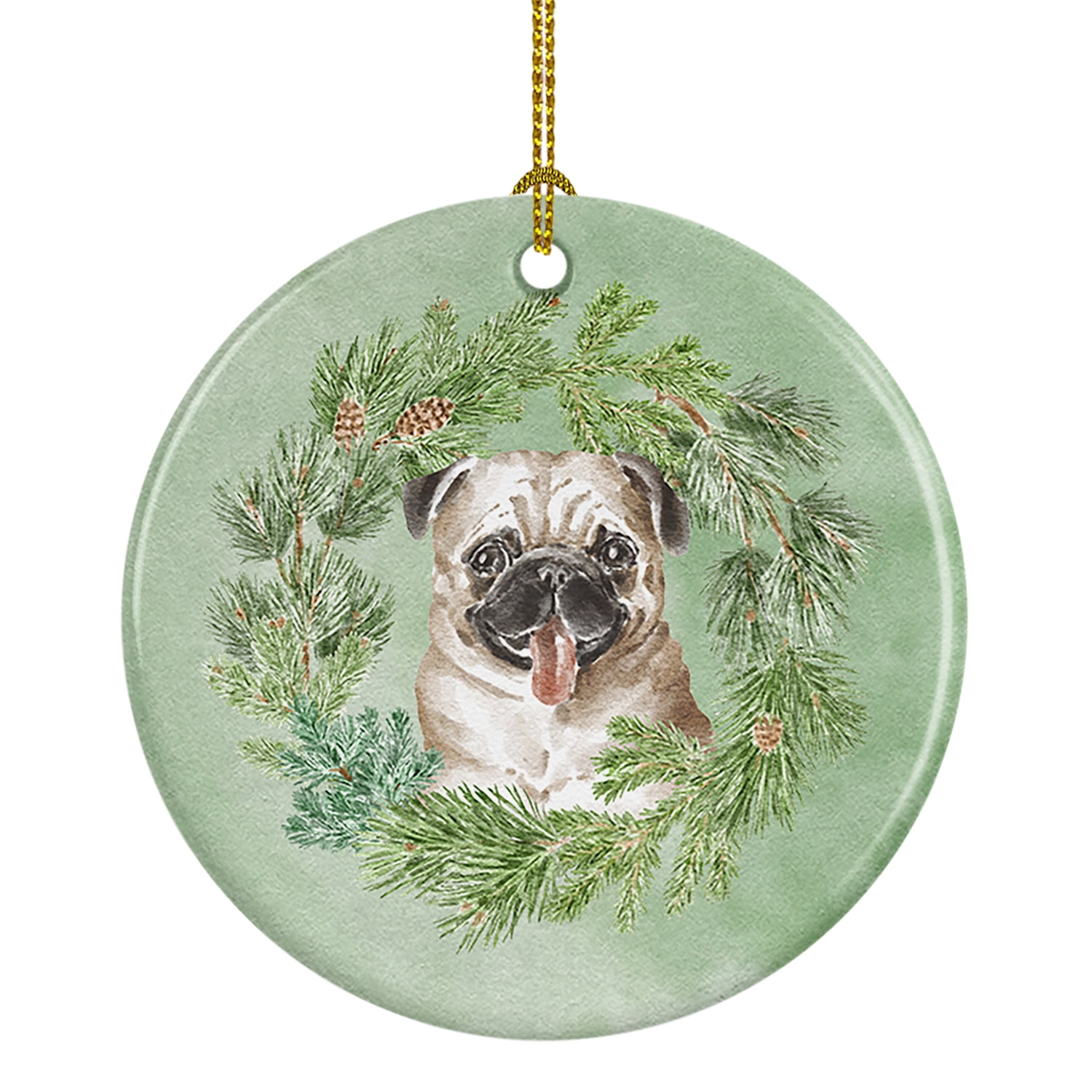 Pug Fawn Christmas Wreath Ceramic Ornament 2.8 in x 2.8 in