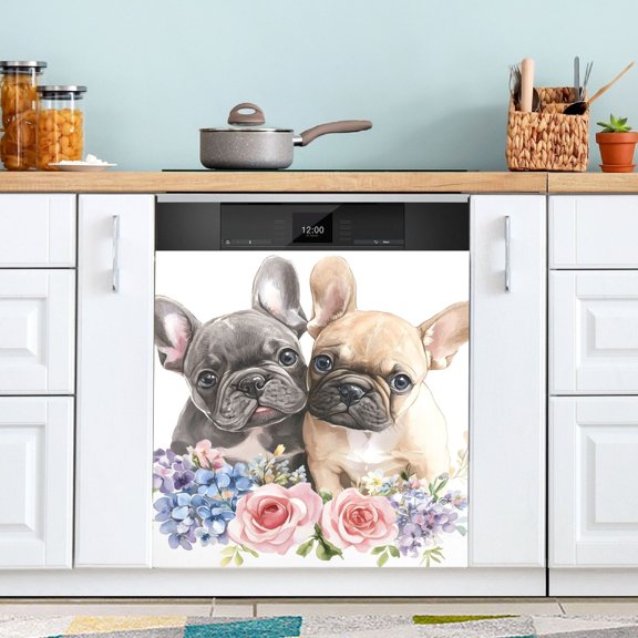 Pug Flower Dishwasher Magnet Cover Reuseable Refrigerator Magnet Cover Decal Kitchen Fridge Microwave Stickers Hoilday Party Decor 23 x 26 inch