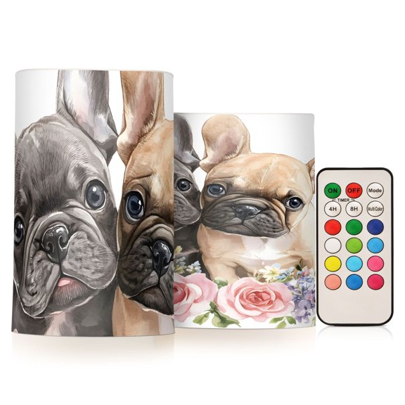 Pug Flower Flickering Flameless Candles Battery Operated with Remote Timer LED Pillar Candles Set of 2