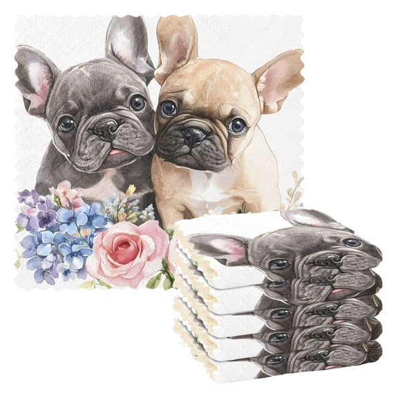 Pug Flower Kitchen Cloth Dish Towels for Drying Washing Absorbent Dish Rags Reusable soft kitchen dishcloth set 6 Pack