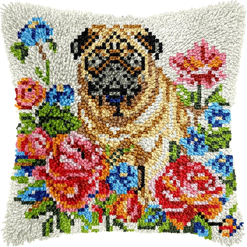 Pug & Flowers Latch Hook Pillow Kits for DIY Throw Pillow Cushion Embroidery Latch Hooking Pillowcase Kits with Preprinted Canvas Crochet Yarn Kits for Home Decor 17''X 17''(d251)