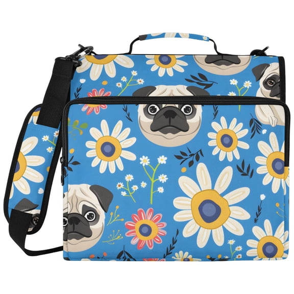 Pug Flowers Pattern 3 Ring Binder Bag Zipper Binder Organizer with 14 Inch Laptop Sleeve