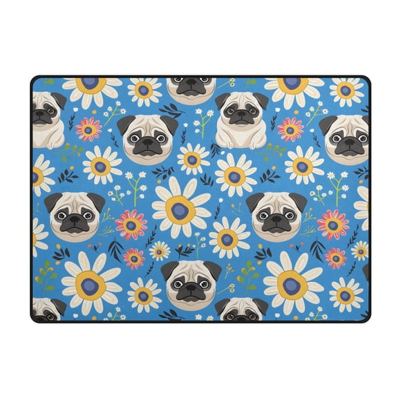 Pug Flowers Pattern Area Rug 63x48 Inch Non Slip Absorbent Soft for Bedroom Entryway