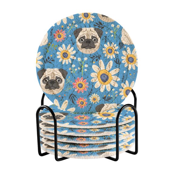 Pug Flowers Pattern Bar Coasters 6 Pack Braided Coasters with Holder Absorbent Heat Resistant