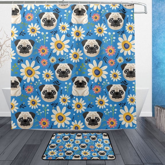 Pug Flowers Pattern Bathroom Accessory Sets Waterproof Shower Curtain with Absorbent Non-Slip Rug