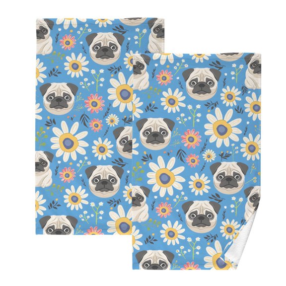 Pug Flowers Pattern Cotton Towel Set Face Hand Towels 2 Pack Soft Absorbent 16x28in