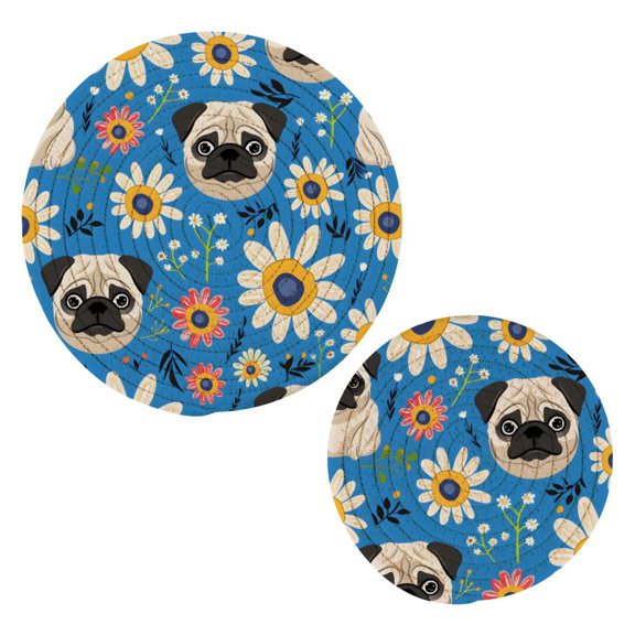 Pug Flowers Pattern Cotton Trivets Potholders Set of 2 Handmade Heat Resistant Non Slip Absorbent