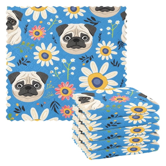 Pug Flowers Pattern Dish Towels 6 Pack Kitchen Cleaning Dish Cloths Absorbent Reuseable Cleaning Cloths 11'' x 11''