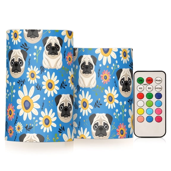 Pug Flowers Pattern Flameless LED Candle Set with Remote, Battery Operated Color Changing Pillar Candles, Set of 2