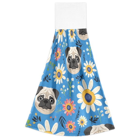 Pug Flowers Pattern Hand Towels 2 Pack Quick Dry Velvet Soft with Velcro Kitchen Bath 14x18in