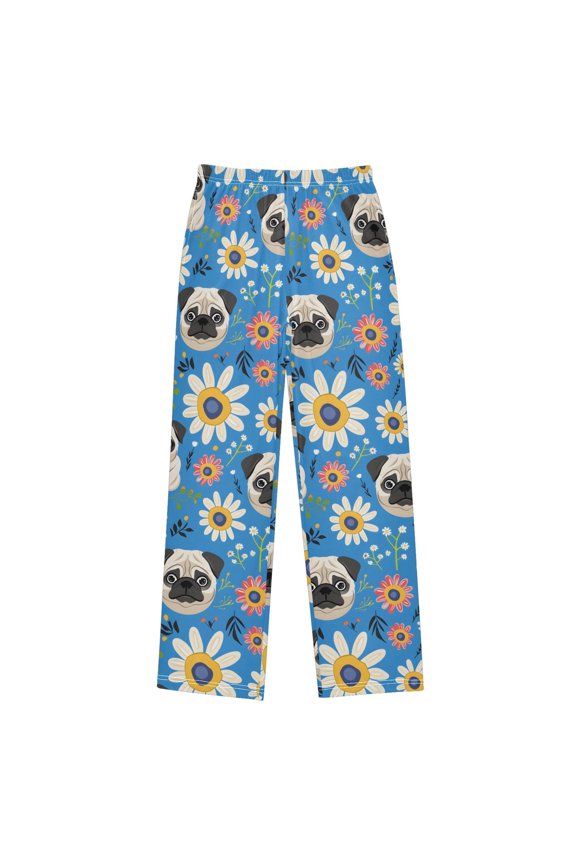 Pug Flowers Pattern Pajama Pants Soft Lightweight Lounge Pants Bottoms Sleep Pants Warm Comfy