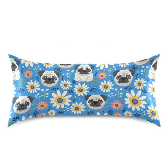 Pug Flowers Pattern Pillow Case King Size Silky Satin Pillow Cover for Bedroom 20x40 Inch