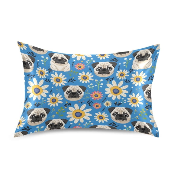 Pug Flowers Pattern Pillowcase Queen Size 30''x20'' Satin Double-Sided Print Soft Wrinkle Resistant