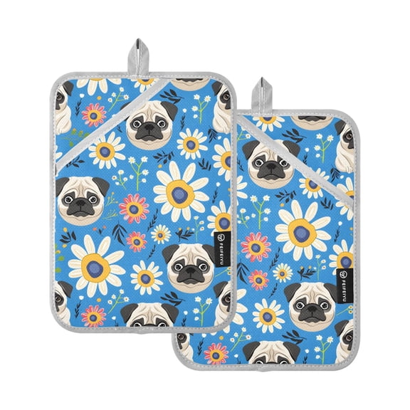 Pug Flowers Pattern Pot Holder Set 2 Piece Non-Slip Oven Hot Pads Heat Resistant Durable 7x9.8in