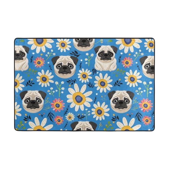Pug Flowers Pattern Rug 36x24in Memory Foam Absorbent Non Slip Plush for Bathroom Kitchen Entryway