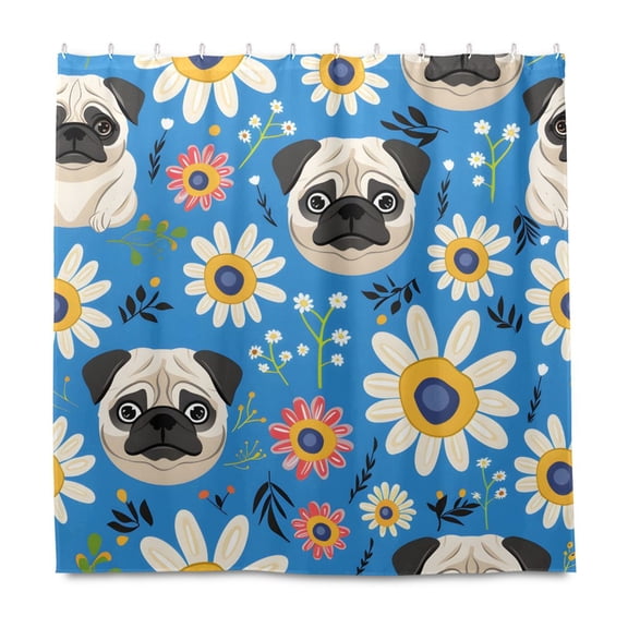 Pug Flowers Pattern Shower Curtain Liners Waterproof 72 Inch with C Shaped Curtain Hooks