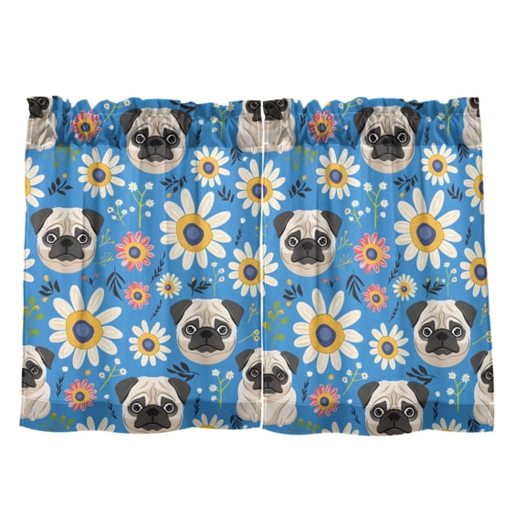Pug Flowers Pattern Tier Curtain Set of 2 Kitchen Curtains 27x24 Inch Privacy Semi Sheer