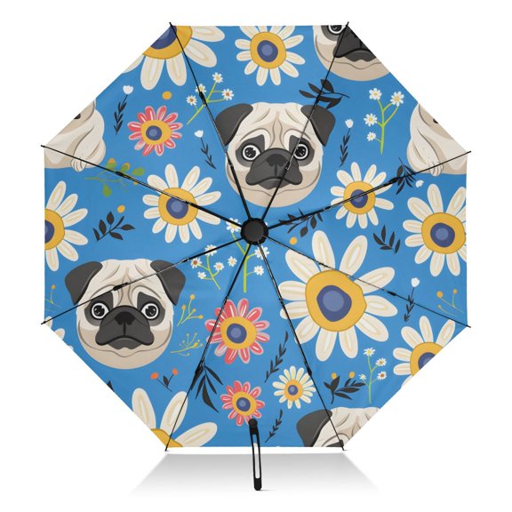 Pug Flowers Pattern Umbrella Folding Sun Umbrella Travel Auto Open Close Large UV50+ 40in