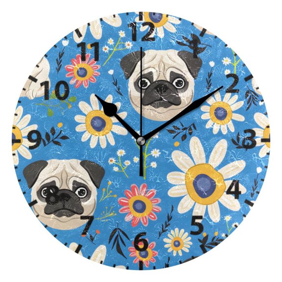 Pug Flowers Pattern Wall Clock 10in Round Artistic Oil Painting Home Decor Desk Table Clock