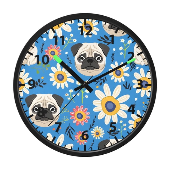 Pug Flowers Pattern Wall Clock 12 Inch Voice Activated Night Light Silent Non Ticking