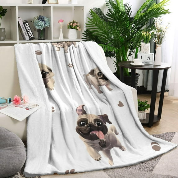 Pug and Footprint Blanket,Comfortable Soft Flannel Throw Blanket,All Season,Warm Lightweight Blankets for Sofa Bed Couch Living Room Chair,40"x50"(100x130cm)