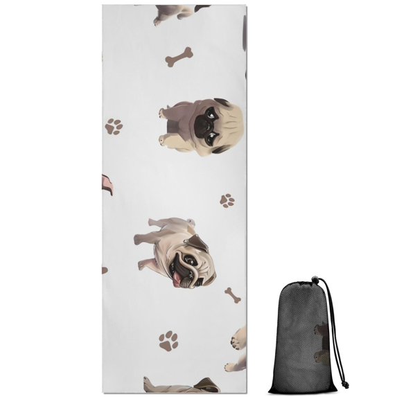 Pug and Footprint Hot Yoga Mat Towel Non Slip for Hot Yoga - Quick-Drying Yoga Mat Cover with 4 Corner Pockets with Travel Bag - Hot Yoga Towel Non Slip Grip Moisture Wicking Sweat 70"x26"
