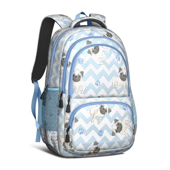 Pug and Footprints Backpack for School,Cute School Bag,Schoolbag with Adjustable Shoulder Straps & Padded Back,16.9 Inch