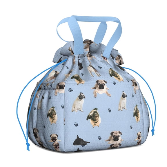 Pug and Footprints Drawstring Lunch Bag Women - Drawstring Lunch Bag Insulated for Work Office - Stain-Resistant Large Lunchbags for Women with Multi-Pockets