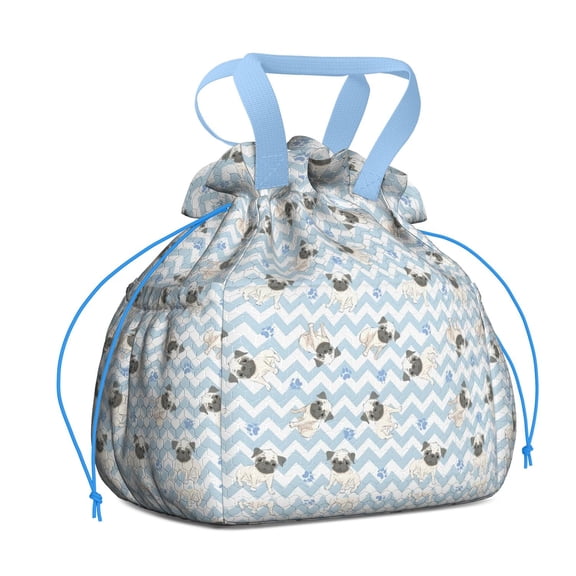 Pug and Footprints Drawstring Lunch Bag Women - Drawstring Lunch Bag Insulated for Work Office - Stain-Resistant Large Lunchbags for Women with Multi-Pockets