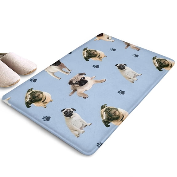 Pug and Footprints Flannel Non Slip Door Rugs,Washable Door Mats Indoor,Decorative Door Mats,Dirt-Resistant and Absorbent Doormat for Entrance,Bedroom,Kitchen,Bathroom,31.5x17in(80x43cm)