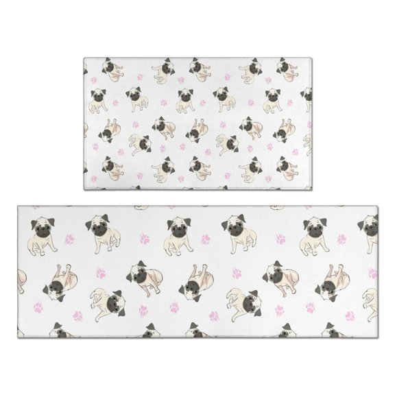 Pug and Footprints Kitchen Rugs Sets Of 2,Anti Fatigue Kitchen Mat Rugs Non Slip Washable,Decorative Kitchen Floor Mats for Kitchen,Sink,Laundry,17"x30"+17"x47"