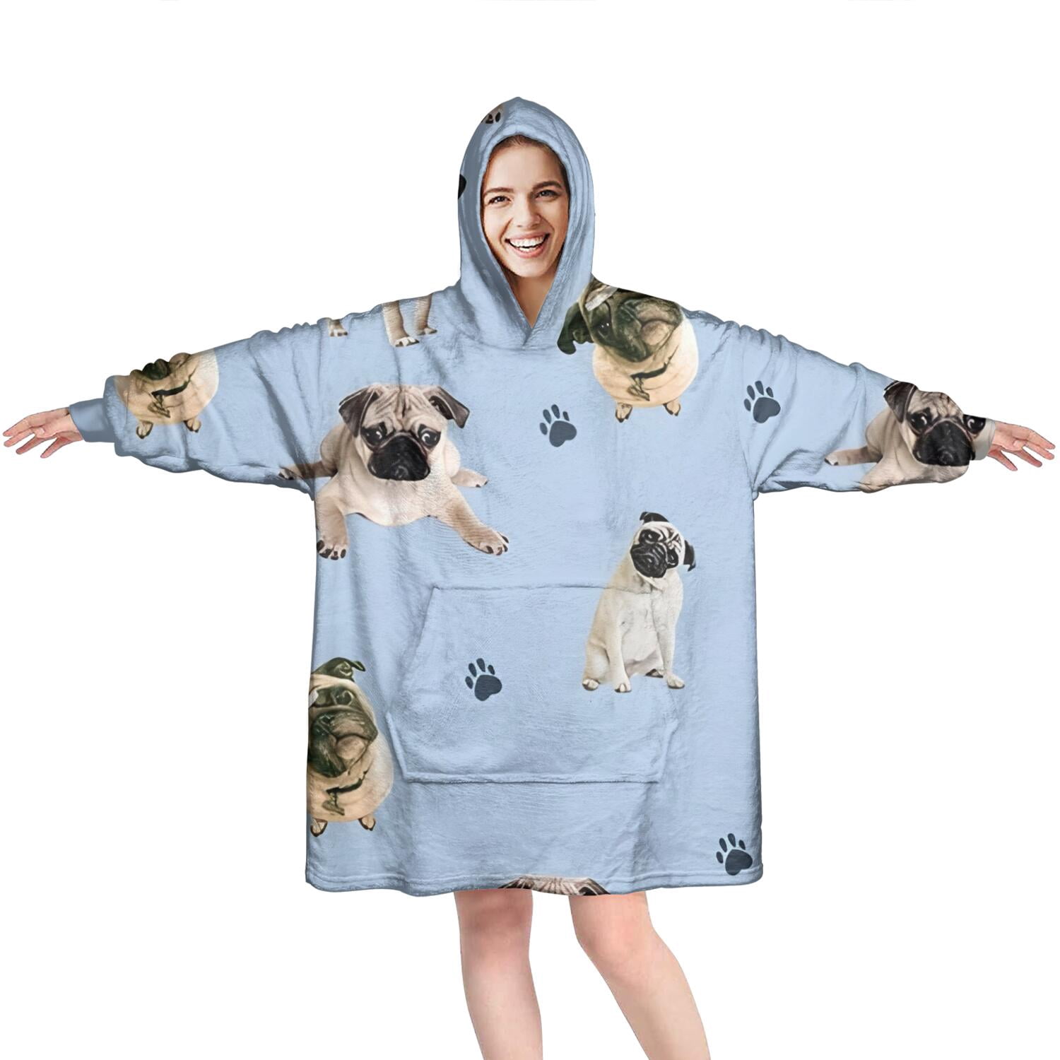 Pug and Footprints Wearable Oversized Blanket,Wearable Blanket Hoodie for Adults,Cozy Hooded Blankets with Super Pockets,Super Warm Fuzzy Pullover for Women & Men