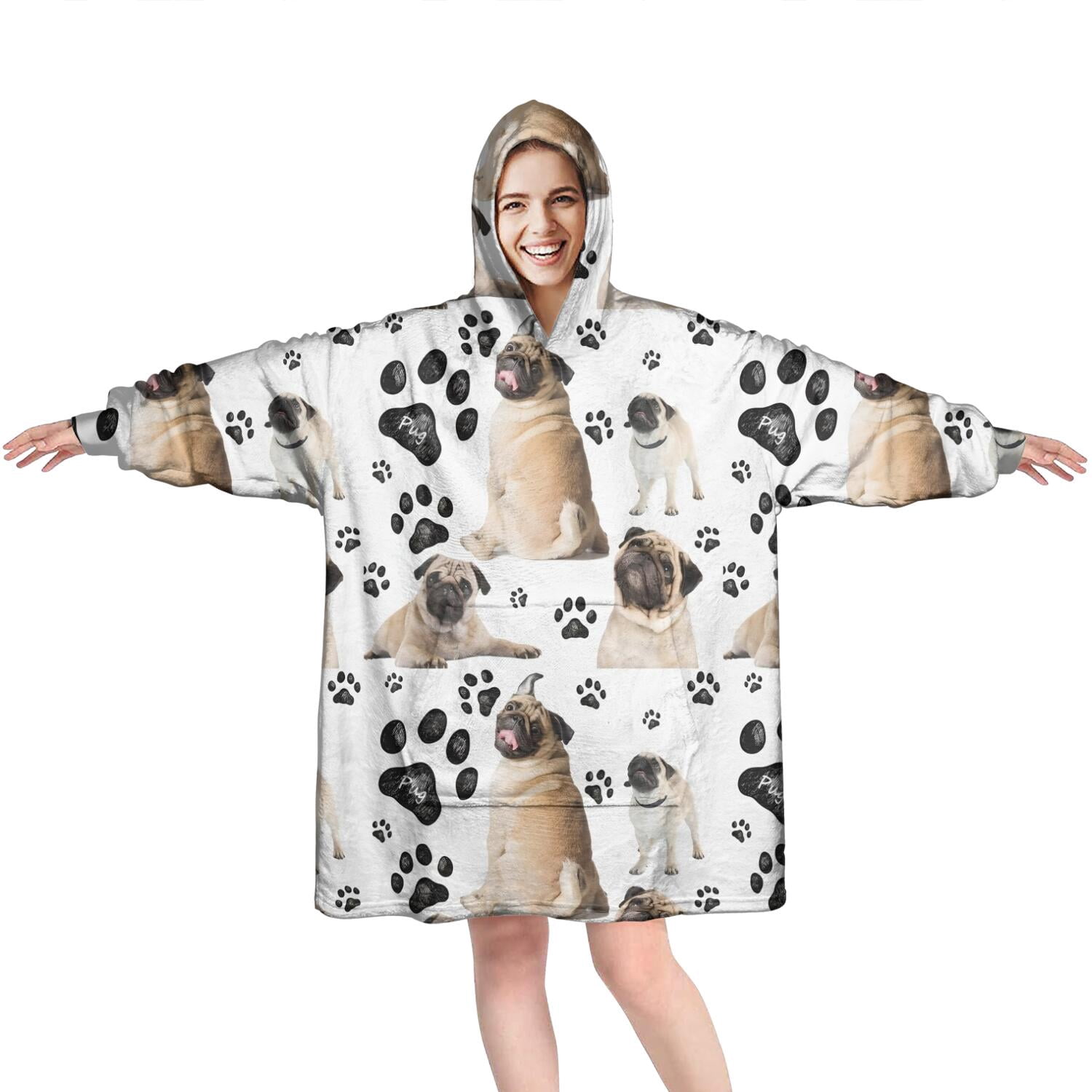 Pug and Footprints Wearable Oversized Blanket,Wearable Blanket Hoodie for Adults,Cozy Hooded Blankets with Super Pockets,Super Warm Fuzzy Pullover for Women & Men