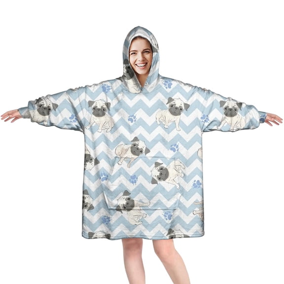 Pug and Footprints Wearable Oversized Blanket,Wearable Blanket Hoodie for Adults,Cozy Hooded Blankets with Super Pockets,Super Warm Fuzzy Pullover for Women & Men
