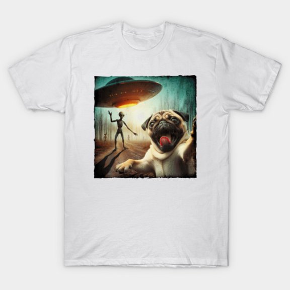 Pug Frightened Of UFO Alien Invasion Selfie Funny Pet Meme Unisex T-Shirt, for men & women, up to size 5XL