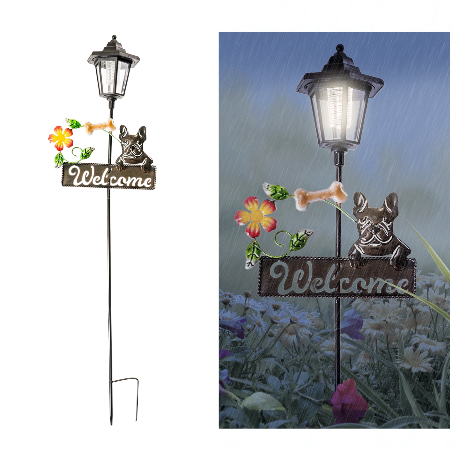 Metal Solar LED Garden Stake with Dog and Welcome Sign