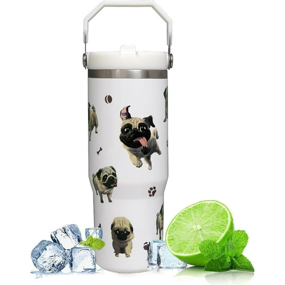 Pug Gifts For Pug Lovers-30oz Funny Pug Tumbler With Top Handle and Lid Straw-Pug Gifts For Women-Dog Lover Gifts-Dog Owner Gifts Stainless Steel Insulated Bottle Travel Mug Coffee Cup