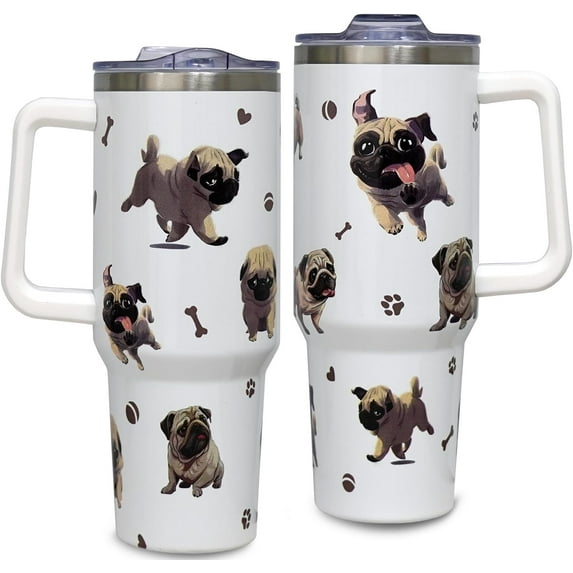 Pug Gifts For Pug Lovers-40oz Funny Pug Tumbler With Handle Lid and Straw -Pug Gifts For Women-Dog Lover Gifts-Dog Owner Gifts Stainless Steel Insulated Bottle Travel Mug Coffee Cup