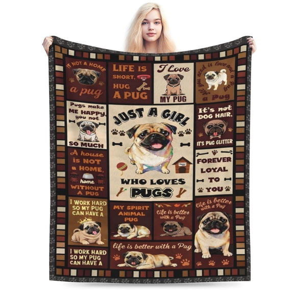 Pug Gifts for Pug Lovers Throw Blanket, Just a Girl Who Loves Pugs Dog Design Soft Cozy Flannel Blanket, Pet Lover Gift for Mom Wife Daughter 50x40