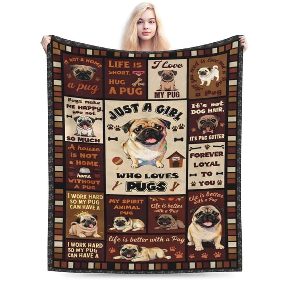 Pug Gifts for Pug Lovers Throw Blanket, Just a Girl Who Loves Pugs Dog Design Soft Cozy Flannel Blanket, Pet Lover Gift for Mom Wife Daughter 50x40