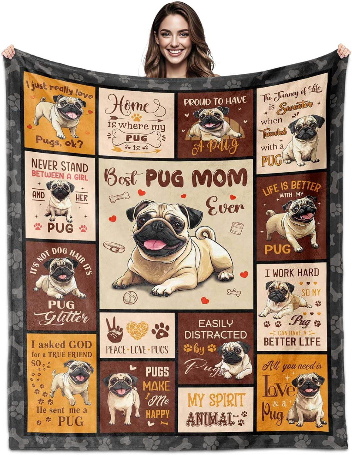 Pug Gifts for Women, Pugs Mom Throw Blanket 60'' X 50" Pugs Dog Decor for Pug Lovers Gifts
