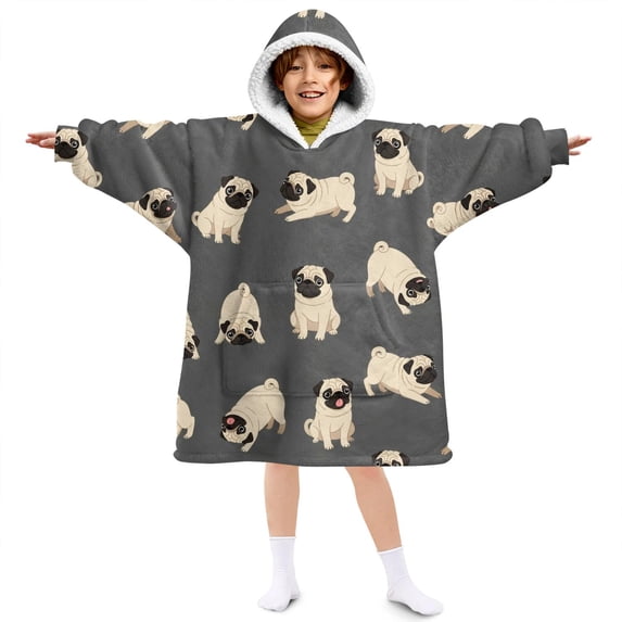 Pug Gray Pattern Lamb Fleece Blanket Hoodies for Teens ,Teens Oversize Sherpa Wearable Hooded Blanket Sweatshirt with Super Pockets