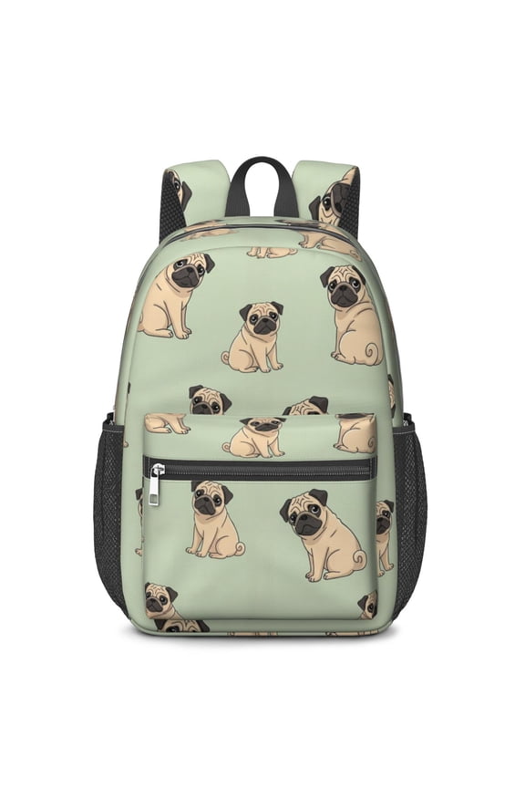 Pug Green Pattern 17" School Backpacks for Teens,Waterproof Oxford Fabric,S-Shape Padded Straps for School,Travel,Hiking,Camping