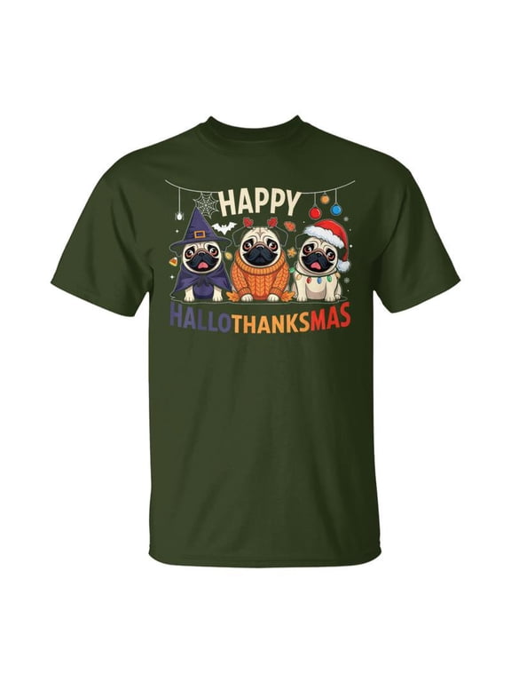 Pug Halloween Thanksgiving Christmas Happy Hallothanksmas TShirt