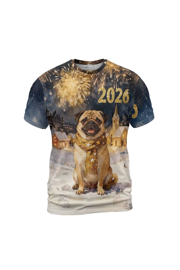 Pug Happy New Year 2026 with Fireworks on New Year's Eve All Over Print 3D Shirt Unisex Merch Dog Lover Gifts - 12022
