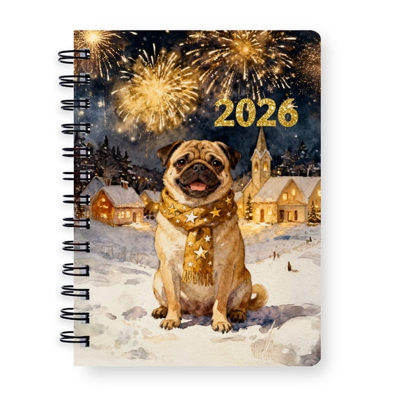 Pug Happy New Year 2026 with Fireworks on New Year's Eve Spiral Bound Journal Dog Lover Gifts 5x7in Spiral Notebook - 12022