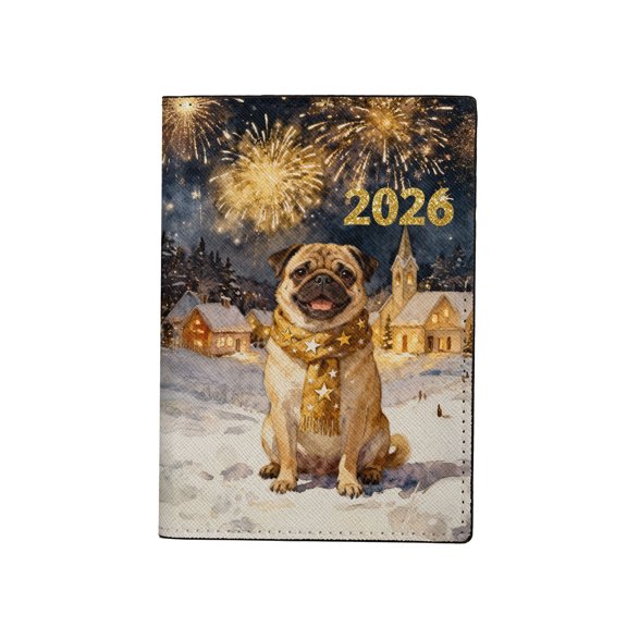 Pug Happy New Year 2026 with Fireworks on New Year's Eve Travel Passport Wallet Dog Lover Gifts PU Leather Passport Holder Cover - 12022